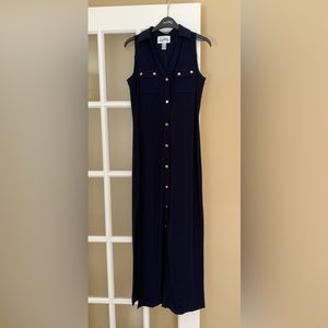 Pretty long navy blue dress with side slits, and gold buttons